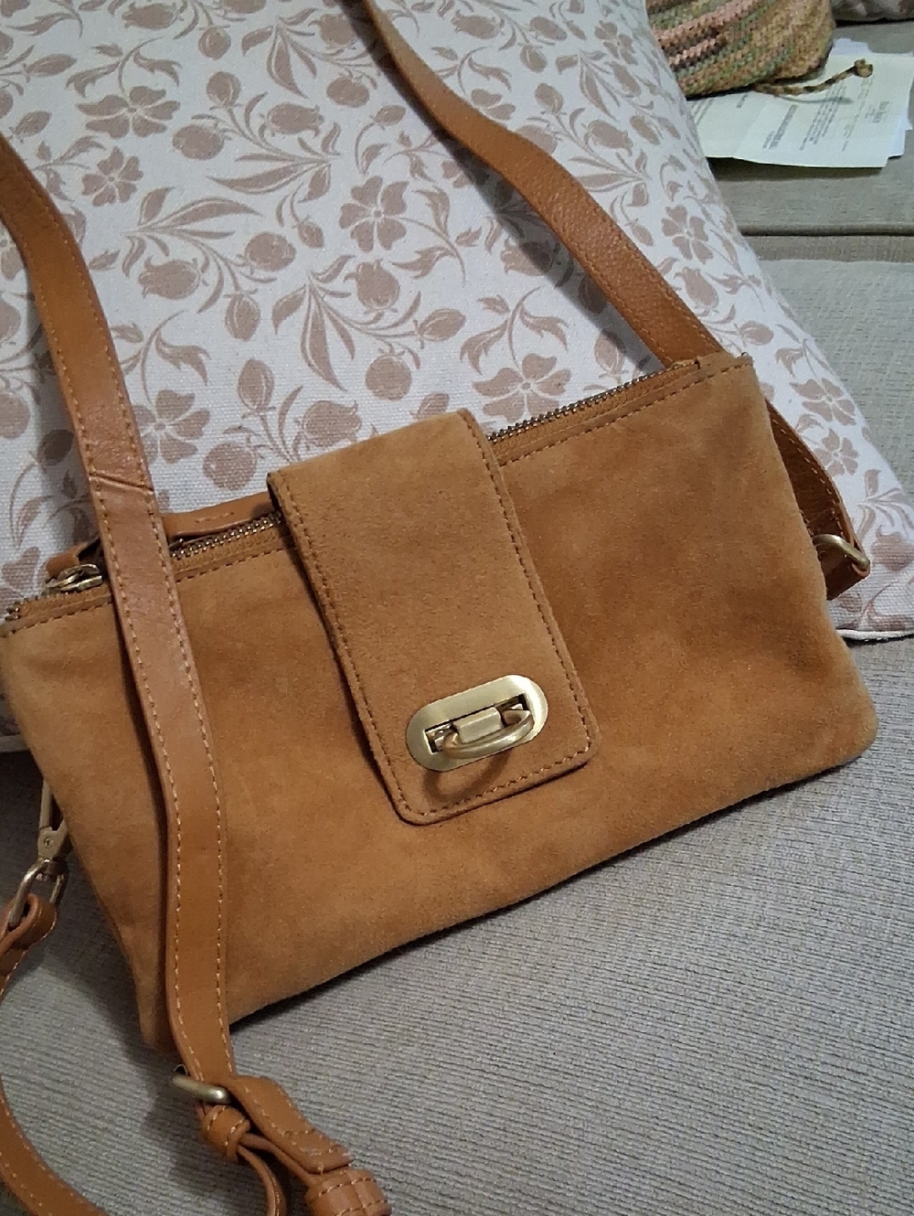 Camel Suede Crossbody Bag with Gold Hardware